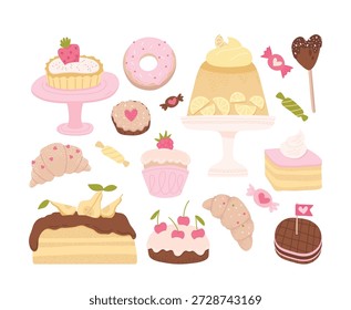 Conjunto festivo de doces de padaria de desenhos animados, sobremesas com tema de amor para a celebração do Dia dos Namorados. Confeitaria padronizada e variedade de pastelaria com olhar apetitoso e colorido polvilheiras ilustração vetorial