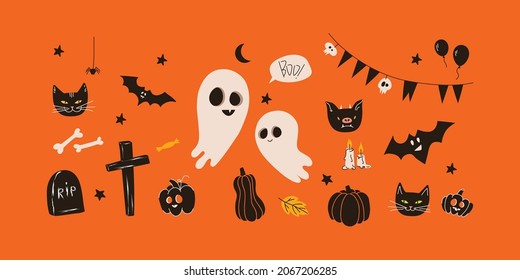 Festive set of cartoon characters for Halloween. Spirits and devils, cats and pumpkins, skulls and bones, graves. The graphic style is cute, minimalistic, doodle. Black, orange, milky and yellow color