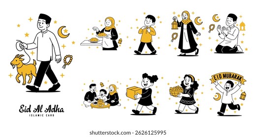 Um conjunto festivo de ilustrações de banner de desenhos animados para Eid al Adha, com cenas alegres de sacrifício, oração, compartilhamento de presentes, reuniões familiares e saudações do Eid