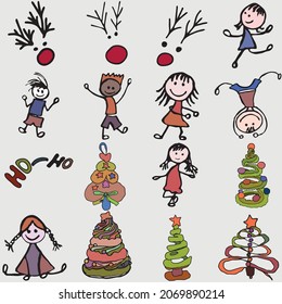 A festive set of children's merry-go-rounds, decorated Christmas trees and deer faces. Everything is isolated, you can make a funny postcard.