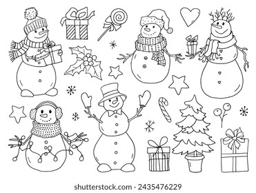Festive set of Christmas elements isolated on a white background. Line drawing of snowmen in hats and scarves. Drawn by hand.