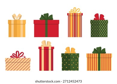 A festive set of Christmas gift boxes in various shapes, ribbons, and patterns. Simple, cute, and perfect for holiday designs, stickers, packaging, and seasonal decorations