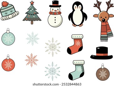 Eine festliche Reihe von Weihnachtsillustrationen mit Schneemännern, Pinguinen, Rentieren, Schneeflocken, Strümpfen und mehr. Perfekt für Urlaubsdesigns, Karten und saisonale Dekorationen.