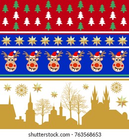 Festive set of Christmas patterns. Trees, golden stars, winter city landscape. Decoration for textile design, cards, party invitation, packaging.