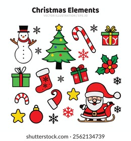 A festive set of Christmas themed cartoon illustrations featuring Santa Claus, pine trees, gifts, snowman, candy canes, stars, and more. Perfect for holiday decorations and design projects.