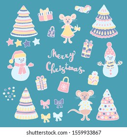 Festive set with Christmas trees, snowmen, mice, gifts, stars, confetti, bows, with a white outline on a blue-green background