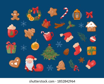 Festive set of Christmas vector illustrations in cartoon style. Isolated on blue background Christmas tree, Santa Claus, decorations, snowflakes, gingerbread and more. New Year collection