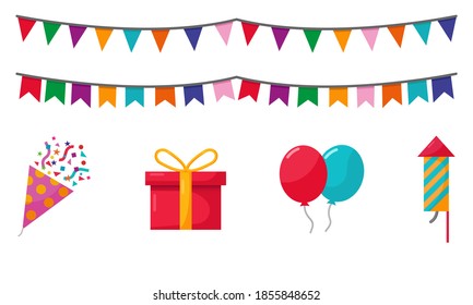 festive set of colored balloons icons, gift ribbons and fireworks for birthday, new year, isolated on white background. Vector illustration EPS 10