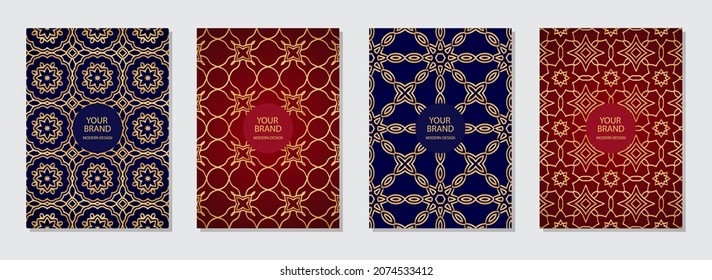 Festive set of cover design, vertical templates.Geometric ethnic gold pattern, collection of Christmas backgrounds, space for text. Oriental, Indian, Mexican, Aztec motives.