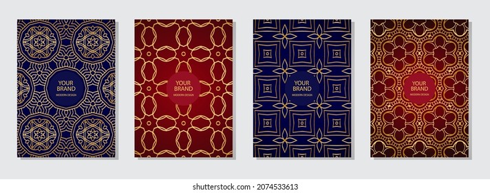 Festive set of cover design, vertical templates.Geometric ethnic golden luxury pattern, collection of Christmas backgrounds, space for text. Oriental, Indian, Mexican, Aztec motives.