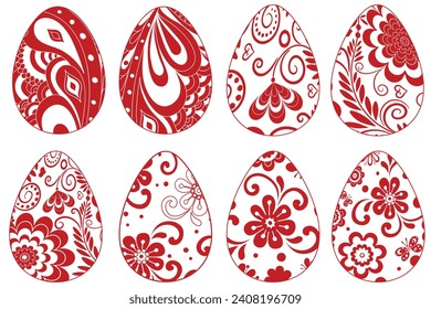 Festive set of decorated Easter  red monochrome eggs on transparent background. Isolated. Vector image