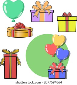 Ein festliches Set mit verschiedenen Kisten mit Geschenken und Ballons . Vektorgrafik
