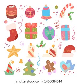 Festive set of different elements for the new year. Christmas Eve. Decorations on the Christmas tree, Santa hat and elf, gift and sweet. Vector flat objects for icon, card, banner and your creativity