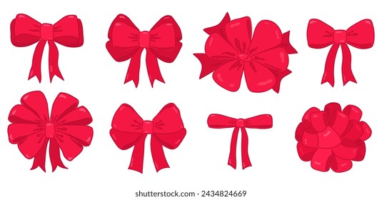 Festive set of different red satin bows made from ribbons on a transparent background. Elegant decorative elements for present, birthday, party, gift box