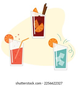 Festive set of drinks. Wine, cocktail, mulled wine. Alcoholic tropical drinks in transparent glasses. Vector trendy color clip art for bar menu design.