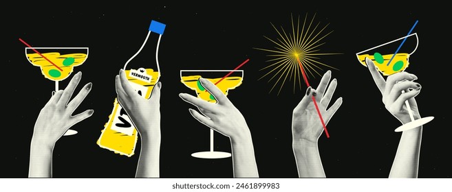 Festliches Set von Elementen im Retro-Collage-Stil. Die Hand einer Frau mit Halbtoneffekt hält ein Glas Cocktail.