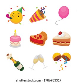 Festive Set Of Emojis With Happy Face Wearing Party Hat And Other Icons: Party Popper, Balloon, Cake And A Delicious Slice, Pie, Wine Bottle, Champagne Glasses Cheering And Confetti Ball.