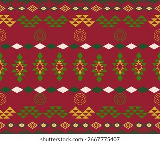 Un conjunto festivo de Navidades étnicas sin patrones inspirados en motivos tribales y populares. Con atrevidas Formas geométricas, texturas tejidas a mano y colores tradicionales de las fiestas de rojo, verde y oro.