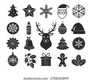 Conjunto festivo apresenta ícones de férias de inverno, estrela, floco de neve, rena, ornamento, vela, sino, caixa de presente, gengibre homem, folha. Gráficos de vetor de silhueta preta. 
