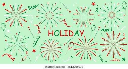 Festive set with green, red and white fireworks, balloons and confetti. Perfect for greeting cards , Independence Day, patriotic holidays, summer parties and Italian holiday designs.Vector .