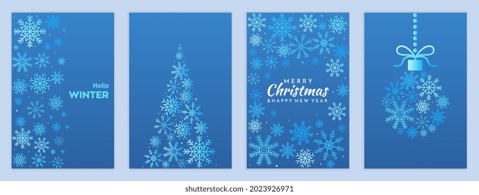 Festive set of greeting postcards with merry christmas and happy new year on light blue background. Winter holiday template with snowflakes in modern linear art style. Flat cartoon vector illustration