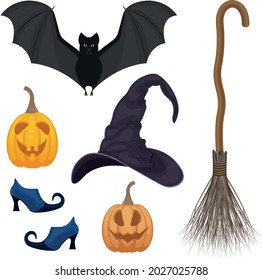 A festive set with Halloween symbols, such as a pumpkin lantern, a witch s broom, witch boots, a bat,and a witch s hat, as well as pumpkins with creepy smiles. Vector illustration