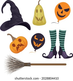 A festive set with Halloween symbols such as a pumpkin lantern, a witch broom, witch boots in stockings, a bat and a witch hat, as well as pumpkins with creepy smiles. Vector illustration