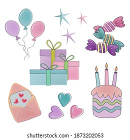 Festive set Happy birthday. Party decoration. Gift box, cake with candles, balloons, hearts, stars, fireworks, candies.Vector illustration isolated on white.