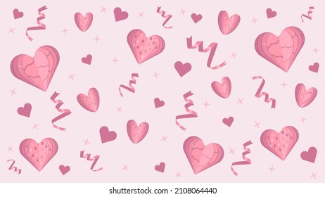 A Festive Set Of Hearts, Stars And Ribbons For Valentine's Day Or Another Holiday. For Wallpaper, Backgrounds, Cards, Packaging, Design, Postcards, Decor, Etc