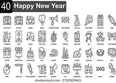 O conjunto festivo de ícones dedicados às celebrações de Ano Novo inclui suprimentos para festas, como champanhe, poppers de festas, etc., para designs com tema de feriado.