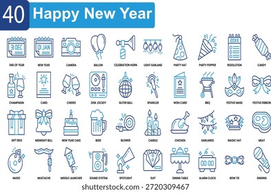 O conjunto festivo de ícones dedicados às celebrações de Ano Novo inclui suprimentos para festas, como champanhe, poppers de festas, etc., para designs com tema de feriado.