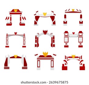 A festive set of Indonesia Independence Day gate (gapura) decoration illustrations, featuring traditional red and white themes, Ideal for national events, cultural displays, and patriotic designs.