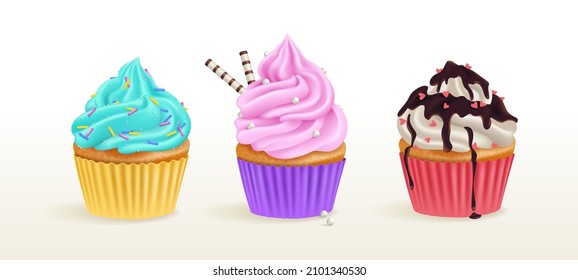 Festliche Muffins, köstliche cremige Muffins mit Sprinklen, Herz und Schokoladeneis. 3d realistische Vektorgrafik süßen Nachtisch.