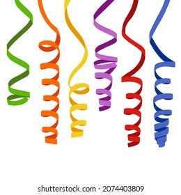 Festive set of multi-colored serpentine ribbons on white isolated background. Template for banner, ticket, flyer, greeting card, invitation, poster, etc.