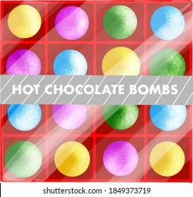 festive set in red box for Christmas with hot chocolate bombs with transparent packaging on isolated background.
