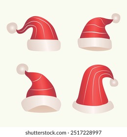 Festive set of red striped Santa hats with soft white trim and fluffy pom poms. Ideal for holiday projects and Christmas designs.