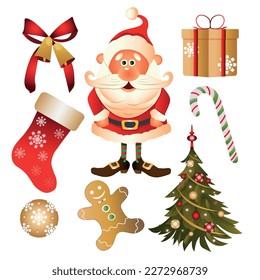 Festive set with Santa Claus and decorative Christmas elements. Colorful holiday vector illustration	