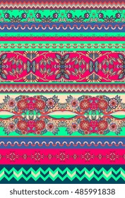 Festive set of seamless ornamental floral and geometric stripes. Print for fabric. Vector illustration.