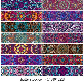 Festive set seamless vector pattern. Ethnic banner collection. Bundle of Multicolor fabric,wallpaper, textile print. Tribal geometric doodle ornamental templates. Mexican indian boho style horizontal