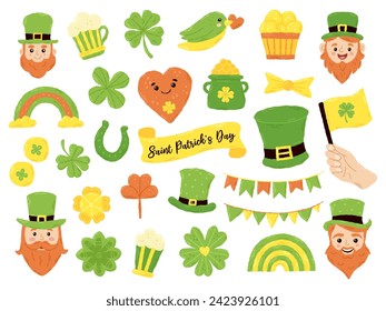 Festive set for St. Patrick's Day: clover, ireland, shamrock, beer, flag, leprechaun, gnome. Hand drawn flat cartoon elements. Vector illustration