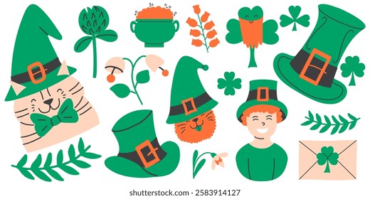 A festive set for St. Patrick's Day with green elements, clover, hat, cat, flowers. Vector hand drawn doodle icons. 