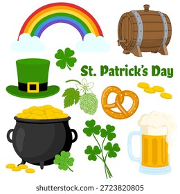 Conjunto festivo para el día de San Patricio. Irlanda vacaciones de la suerte. Elementos de la Ilustración vectorial para el cartel, Anuncio, volante, tarjeta de felicitación. Arco iris, sombrero de duende, taza de cerveza, olla de monedas de oro, pretzel