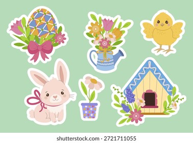Conjunto festivo de Ilustración vectorial de pegatinas con Elementos de Pascua que incluyen huevos decorados, un conejito lindo, flores de colores y animales alegres, capturando la alegría de la temporada navideña.