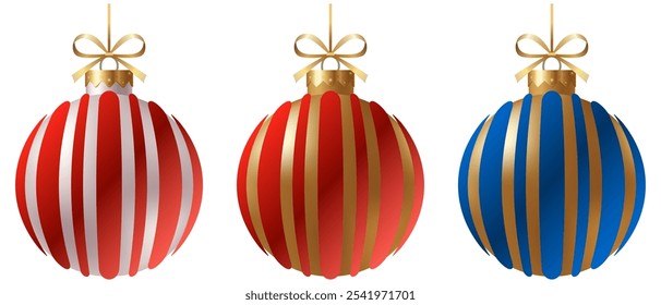 Festive set striped Christmas ornament with a gold ribbon and hanger with star on a white background. New Year Christmas tree toy.