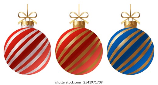 Festive set striped Christmas ornament with a gold ribbon and hanger with star on a white background. New Year Christmas tree toy.