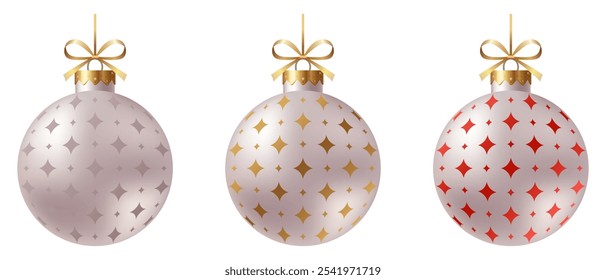 Festive set striped Christmas ornament with a gold ribbon and hanger with star on a white background. New Year Christmas tree toy.