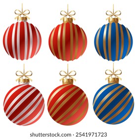 Festive set striped Christmas ornament with a gold ribbon and hanger with star on a white background. New Year Christmas tree toy.