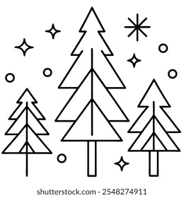 Festive Set of trees linear vector icon. Geometric tree shape, plants, pine, nature and ecology related vector symbol hand drawn contour collection. Line  illustration with background white.