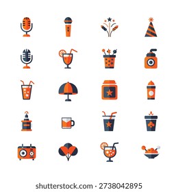 A festive set of twenty flat vector icons featuring microphones drinks fireworks and party decorations in orange and dark blue colors for celebration designs.
