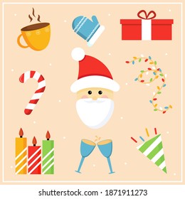 Festive set of vector flat illustrations dedicated to Christmas and new year in red, yellow, green, blue colors. Illustrations for the design of new year or Christmas items, clothing, books, posters.
